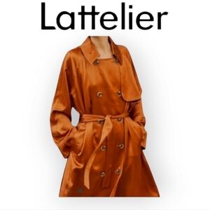 Lattelier Satin Trench Coat Women Copper Double Breasted Longline Large Overcoat
